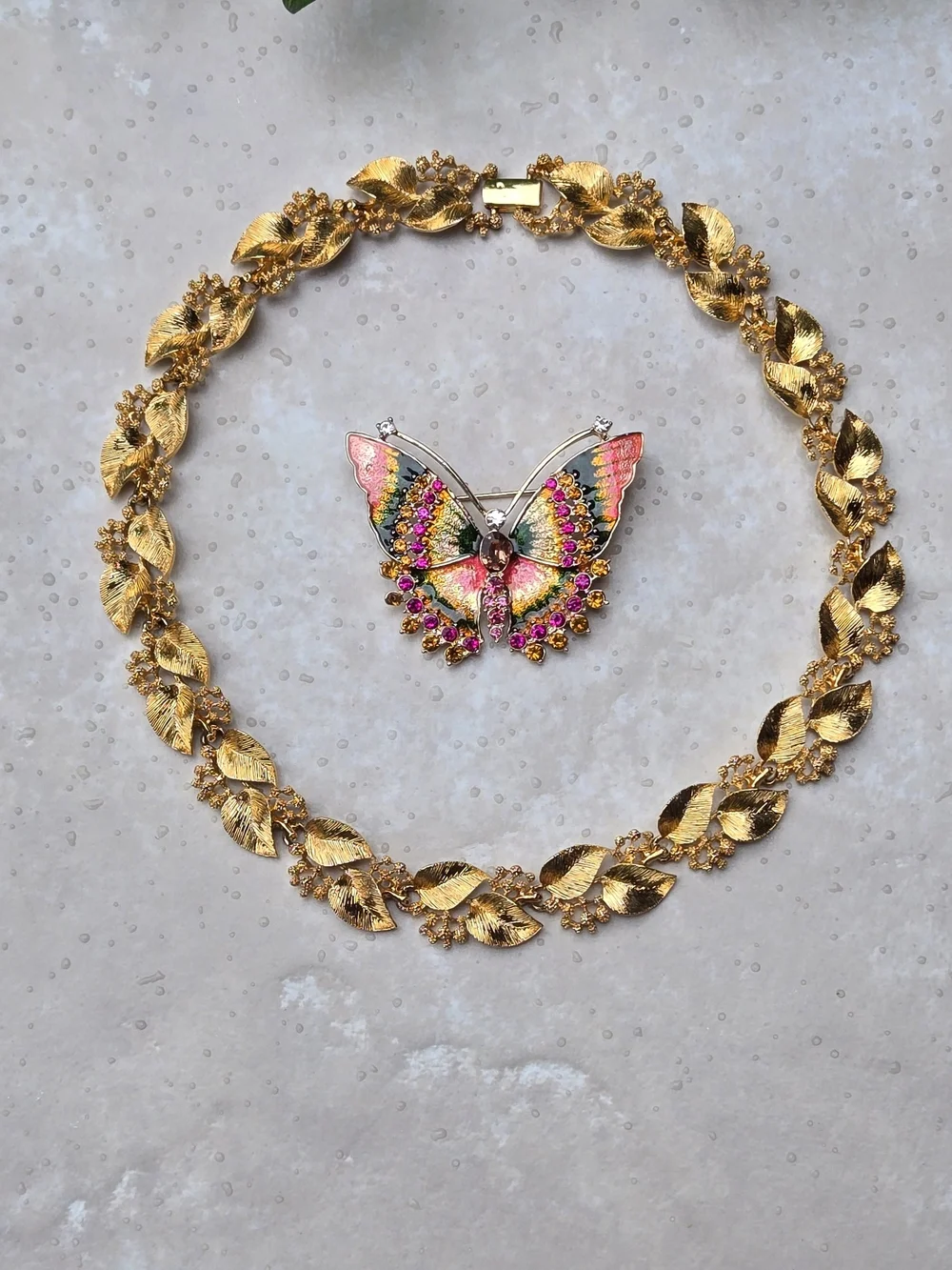 Napier Gold Floral Link Necklace Pink Green Enamel But